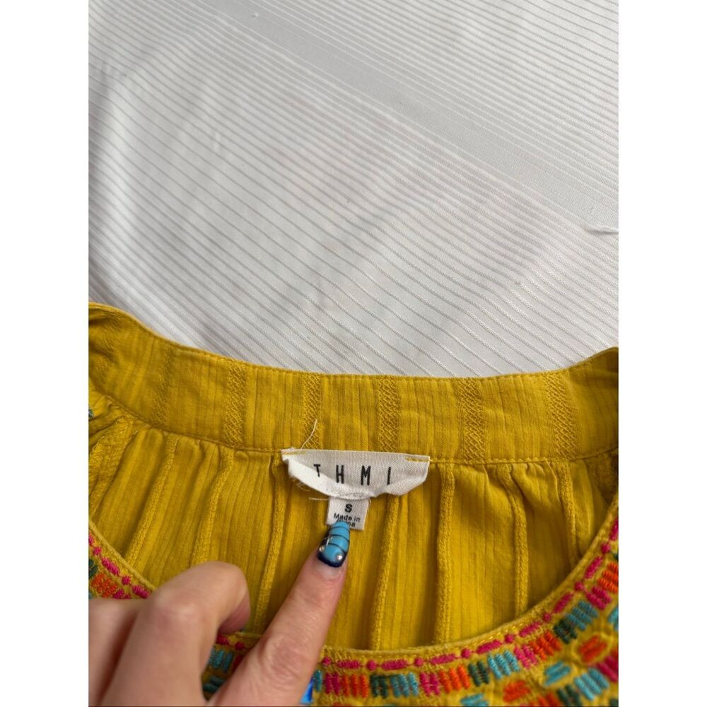THML Embroidered Mustard Yellow Floral Bird Embroidered Top Blouse Size Small - Picture 3 of 9